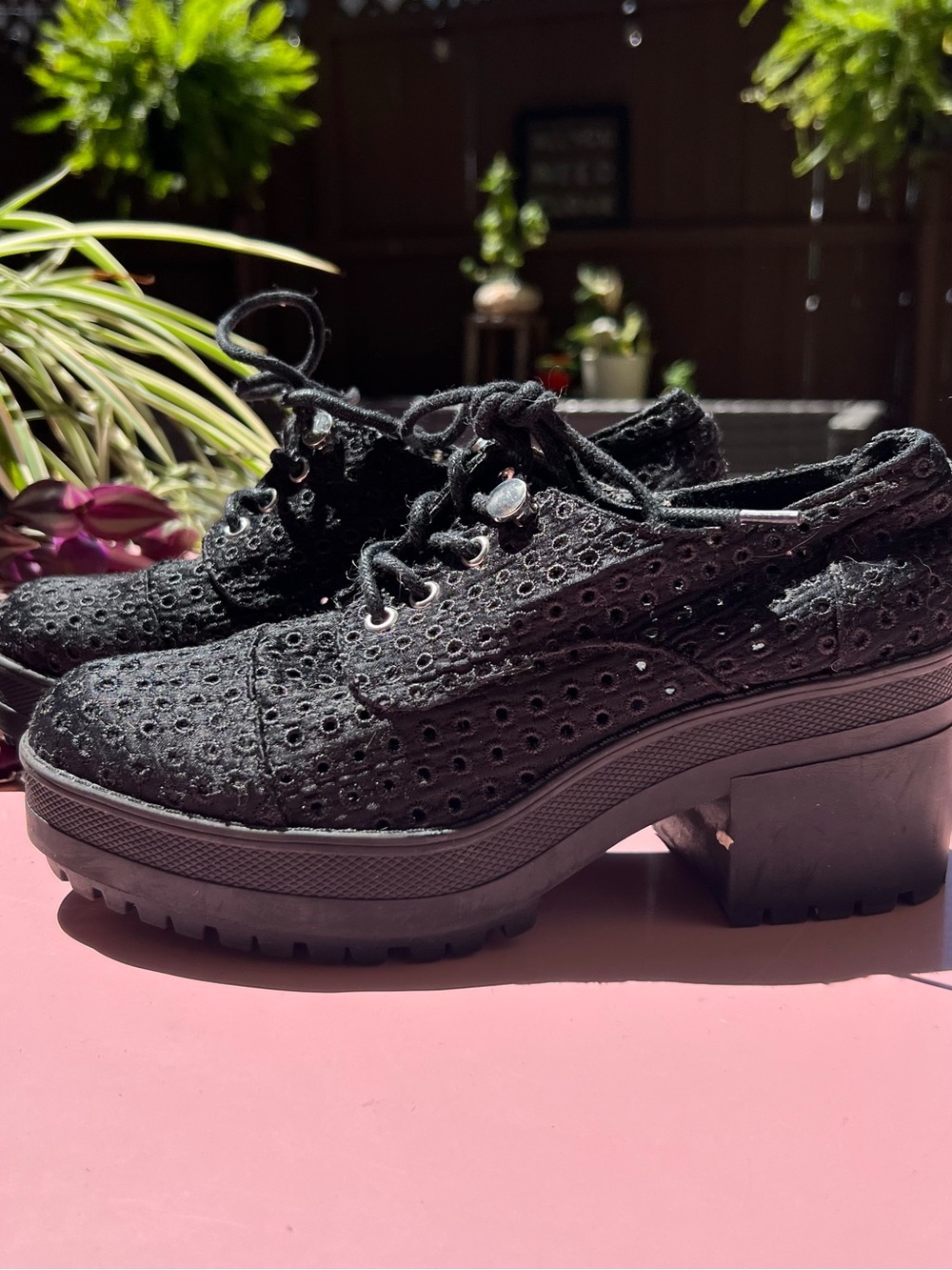 Urban Outfitters Black Eyelet Platform Booties | 7